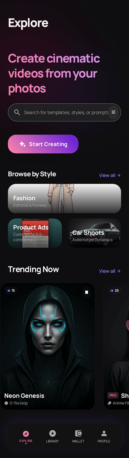 Browsing cinematic video templates in Pearlcuts