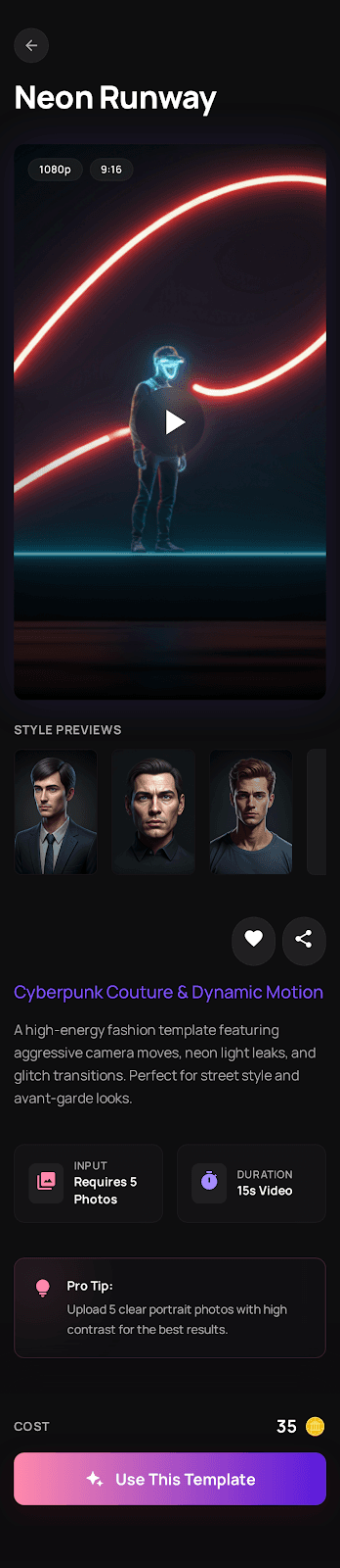 A template detail screen with style previews in Pearlcuts